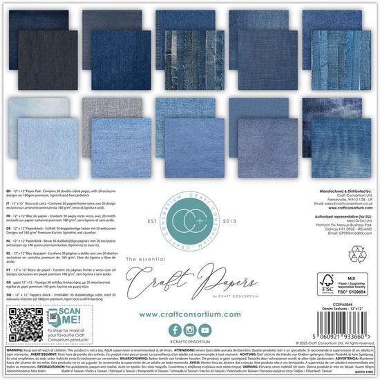 Craft Consortium Double-Sided Paper Pad 12"X12" 30/Pkg Denim Textures
