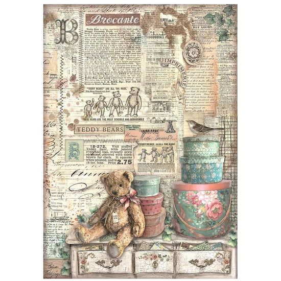 Stamperia Rice Paper Sheet A4 Brocante Antiques Fabric Teddy Bear