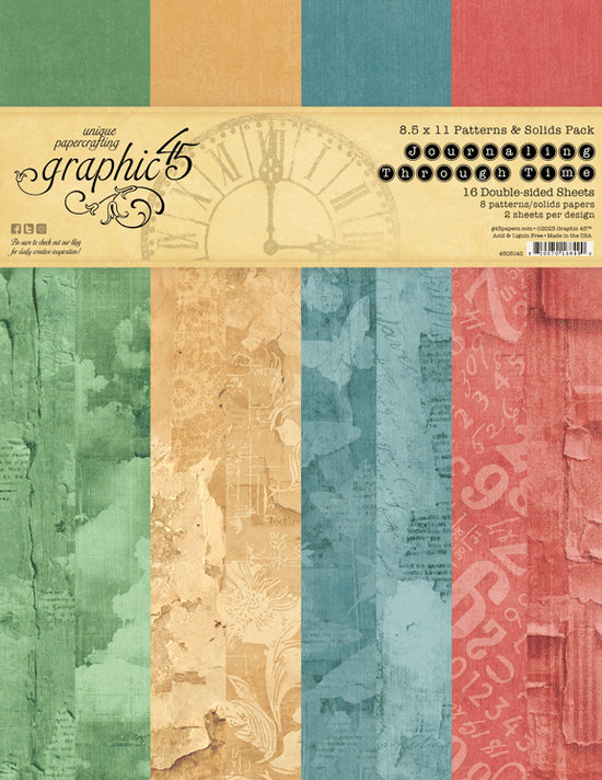 Graphic 45 Journaling Through Time 8.5 x 11 Patterns & Solids Pack