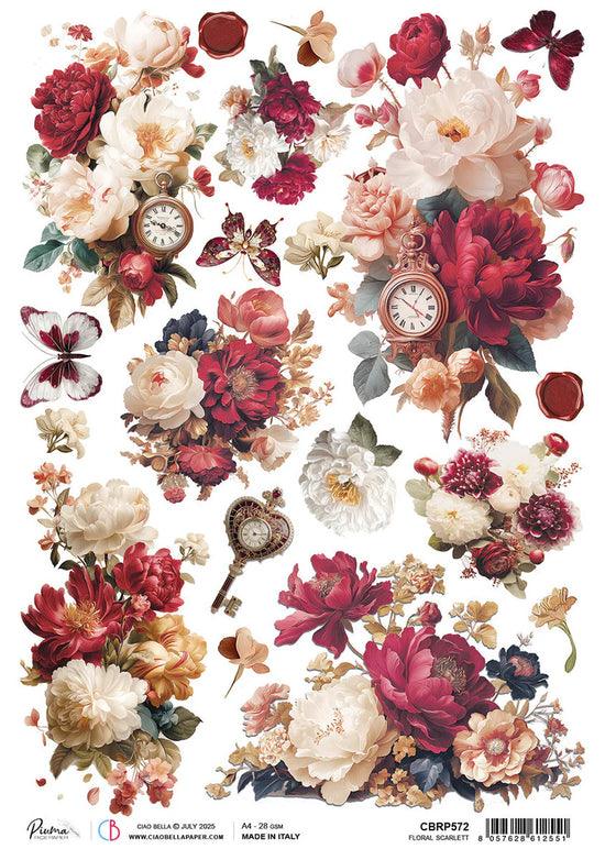 Ciao Bella Book Lovers Rice Paper A4 Floral Scarlet