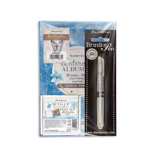 Stamperia Kit watercolor : metallic water colors + album + brushpen