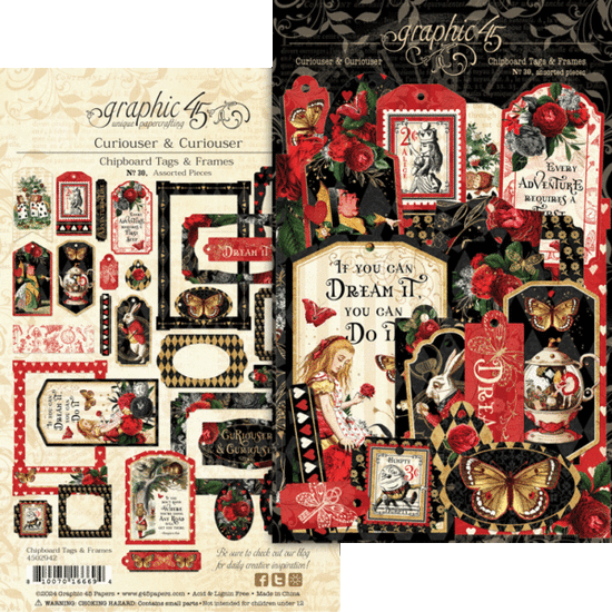 Graphic 45 Die-Cut Assortment Tags & Frames Chipboard, Curiouser & Curiouser