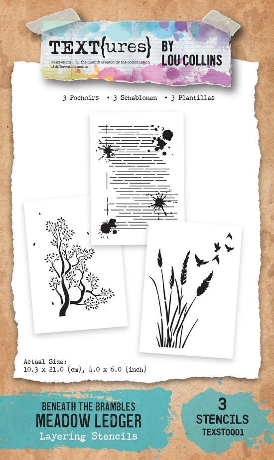 PRE ORDEN TEXT{ures} Beneath the Brambles Meadow Ledger 4in x 6in Layering Stencil Set PRE ORDEN