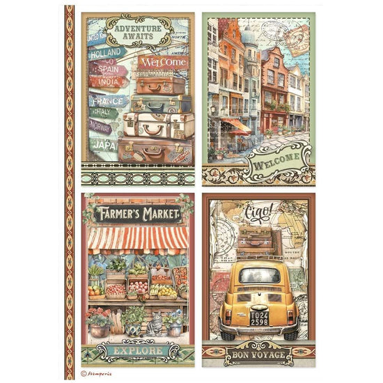 Stamperia Rice Paper Sheet A4 Art of Traveling 4 cards
