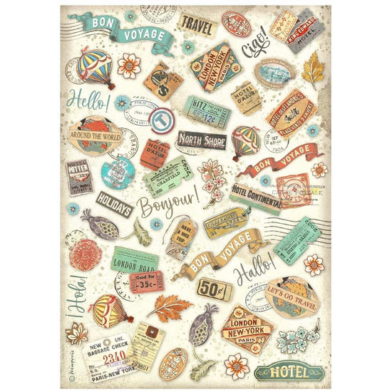 Stamperia Rice Paper Sheet A4 Art of Traveling Labels