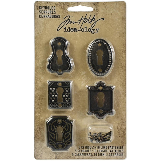 Idea-Ology Metal Keyholes W/Brads .75"X1" To 1"X1.5" 5/Pkg Antique Nickel, Brass and Copper