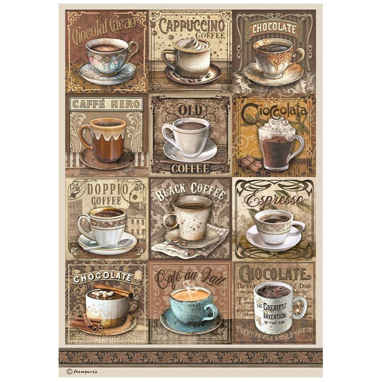 Stamperia Rice Paper Sheet A4 Coffee And Chocolate Tags with Cups