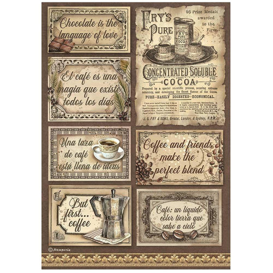 Stamperia Rice Paper Sheet A4 Coffee And Chocolate Labels