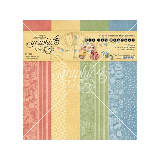 Graphic 45 Collection Pack 12"X12" Patterns & Solids Pack, Hip Hip Hooray