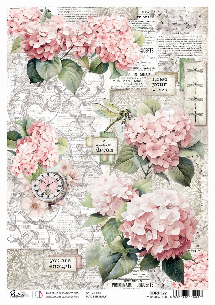 Hydrangea Rice Paper Ciao Bella Rice Paper A4 Hydrangea land - 1 sheet – Imaginic Scrapbook