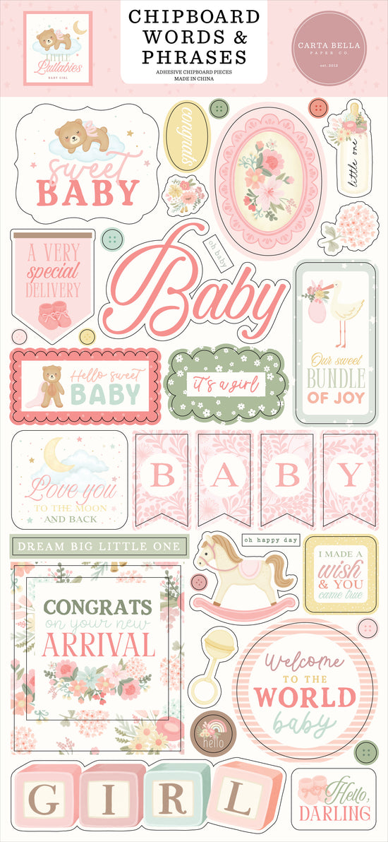 Echo Park Little Lullabies - Baby Girl 6x13 Chipboard Words & Phrases