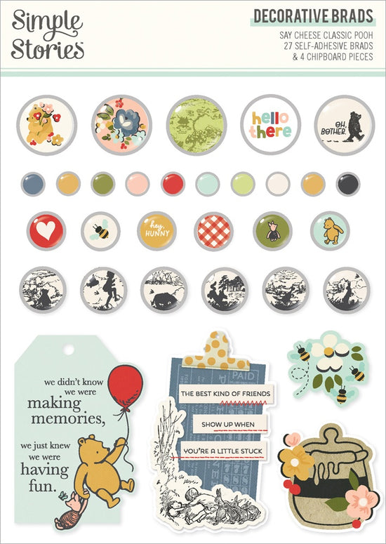 Say Cheese Classic Pooh Decorative Brads-27 Brads, 4 Chipboard