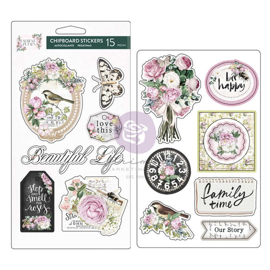 Prima SERENE PETALS COLLECTION CHIPBOARD STICKERS – GARDEN WHISPERS – 15 PCS