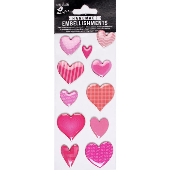 Little Birdie Resin Sticker Embellishments 11/Pkg Pink Hearts