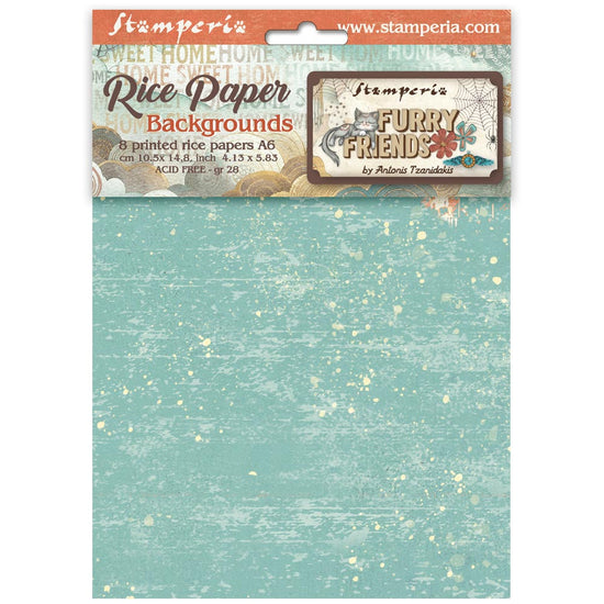 Stamperia Selection 8 Rice paper A6 backgrounds Furry Friends