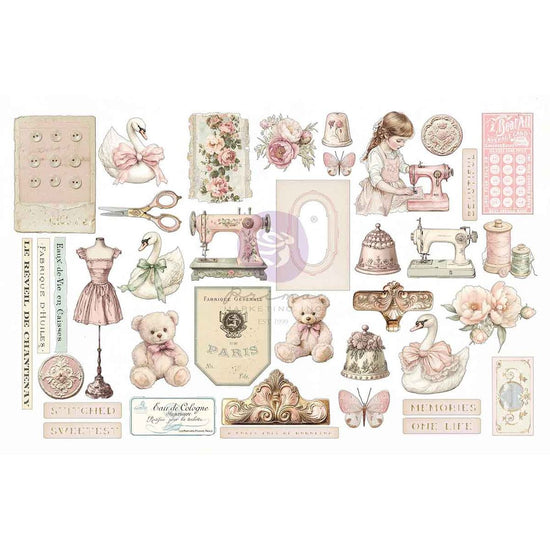 Prima Ephemera With Foil Detail 76/pkg Buttons & Keepsakes Stitched Clippings