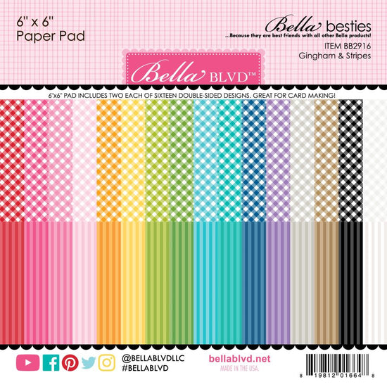 Bella Besties Double-Sided Paper Pad 6"X6" Gingham and Stripes Rainbow