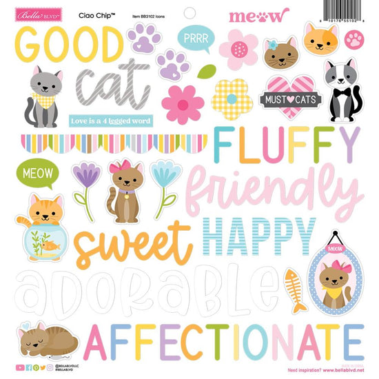 Bella Blvd Ciao Chipboard Stickers 12"X12" Icons, Meow