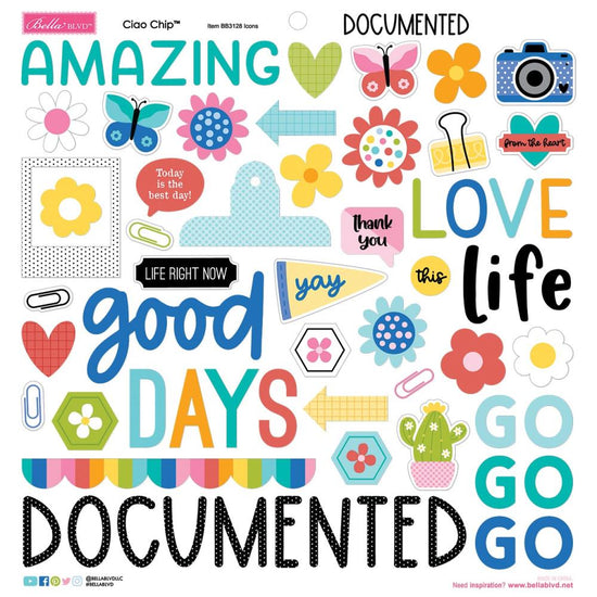 Bella Blvd Ciao Chipboard Stickers 12"X12" Icons, Documented