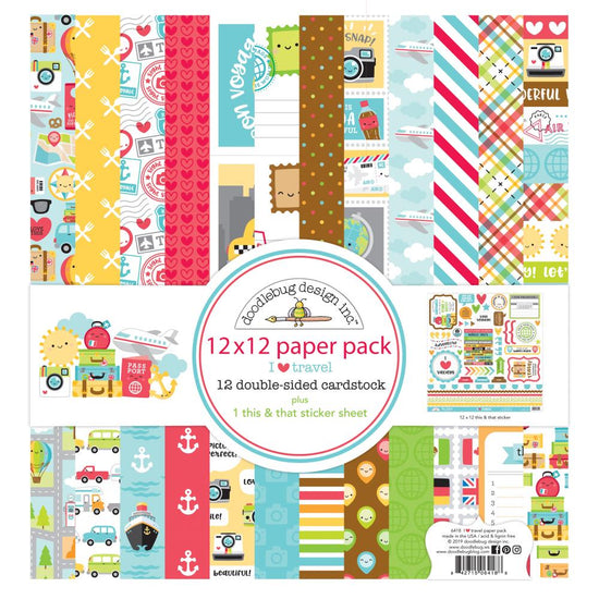 Doodlebug Double-Sided Paper Pack 12"X12" 12/Pkg I Heart Travel