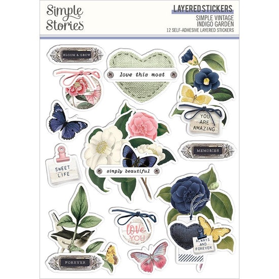 Simple Vintage Indigo Garden Layered Stickers 12/Pkg